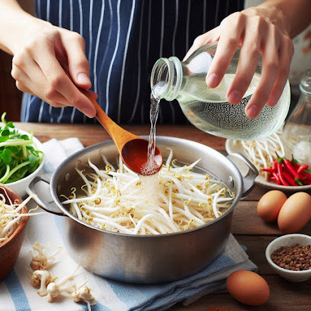 콩나물 데칠 때 식초 한 방울, 아삭함이 살아나요! (When boiling bean sprouts, try adding the above vinegar to give them a crunchy texture)