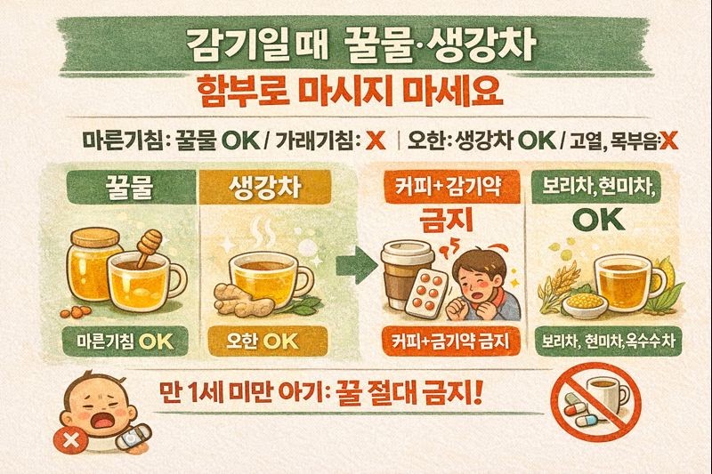 감기 걸렸다고 꿀물·생강차 함부로 마시지 마세요: 마른기침·가래·열 증상별 OK/NO + 감기약&커피 주의