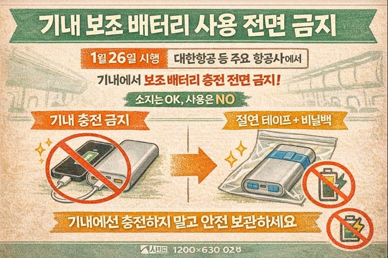 1월 26일부터 기내 보조배터리 충전 전면 금지: 대한항공·아시아나 등 적용, 절연테이프·지퍼백 보관 수칙까지