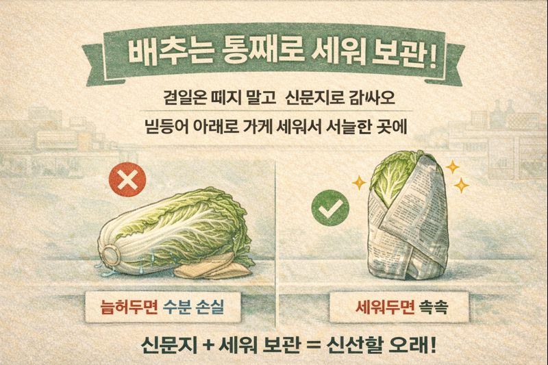 배추 오래 신선하게! 통째로 신문지에 감싸 세워 보관하는 법
