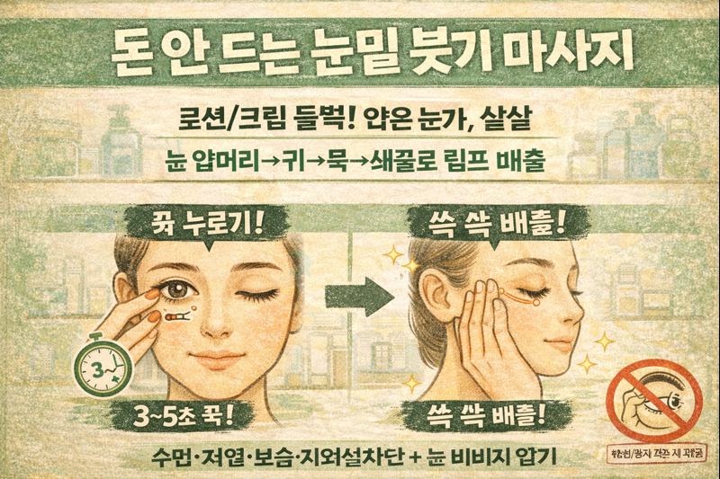 돈 안 들이고 눈밑 처짐·눈밑지방 완화하는 법: 붓기 제거 마사지 5단계 + 효과 높이는 생활습관(수면·저염·보습·자차)