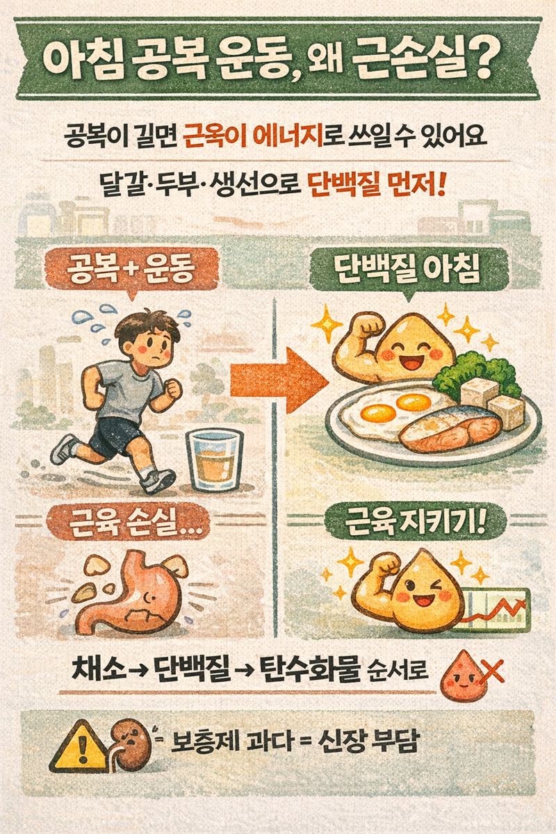 아침 공복에 운동하면 근손실 왜 생길까? 달걀·두부·생선 단백질 아침식사로 근육 지키고 혈당 스파이크 줄이는 법
