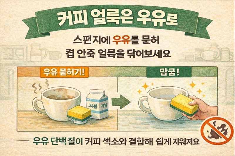 컵 안쪽 커피 얼룩 지우는 법: 스펀지에 우유 묻혀 닦기(우유 단백질이 색소 결합)