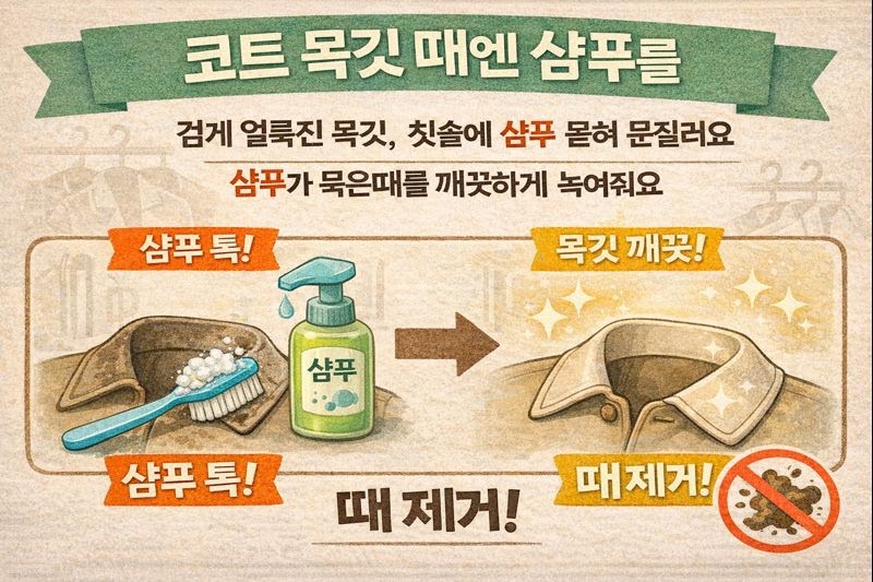 코트 목깃 때 제거법: 샴푸 묻힌 칫솔로 살살 문지르기(지방 때·묵은때 해결)