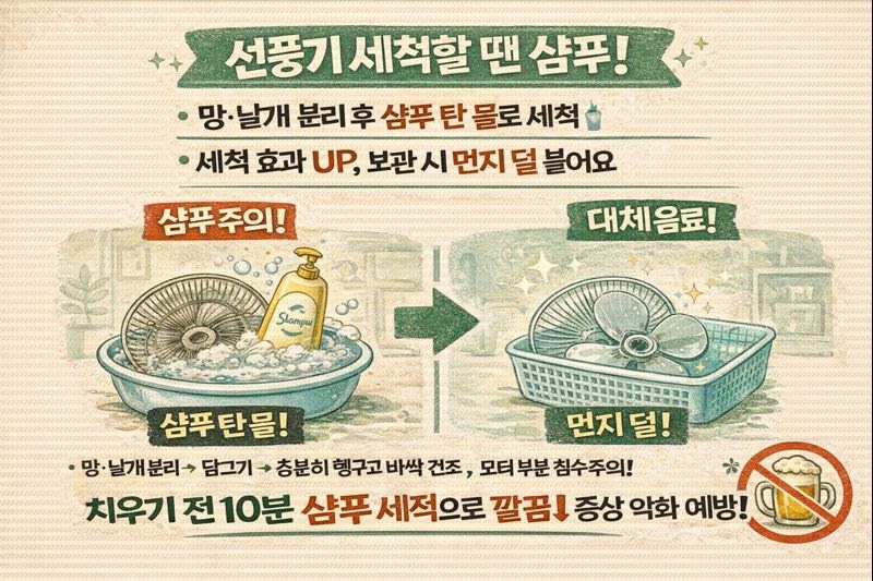 선풍기 세척은 샴푸로 끝! 보관 전 망·날개 분리해 먼지 덜 붙게 청소하는 방법