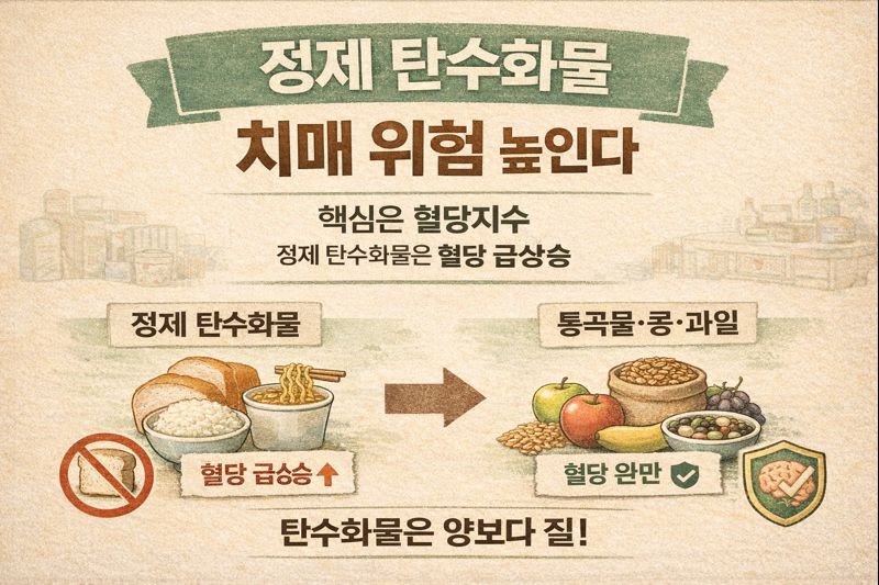 흰쌀·흰빵·면 ‘고GI 정제 탄수화물’ 치매 위험↑… 과일·통곡물·콩류는 뇌 보호(20만명 추적)