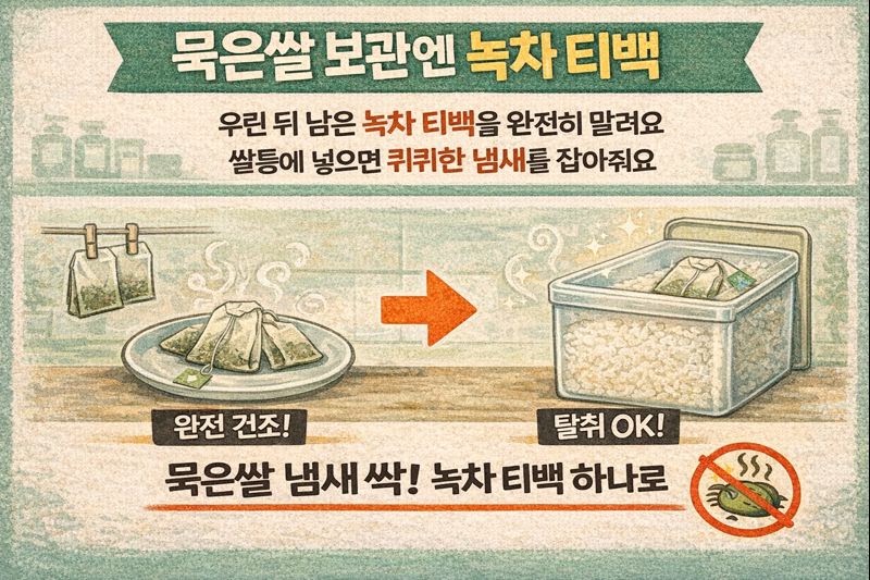 묵은쌀 냄새 제거 꿀팁: 말린 녹차 티백을 쌀통에 넣어보세요
