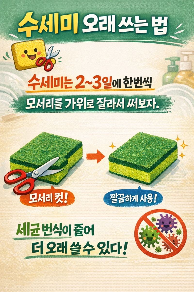 수세미 오래 쓰는 법|2~3일마다 모서리 자르기로 세균 번식 줄이기