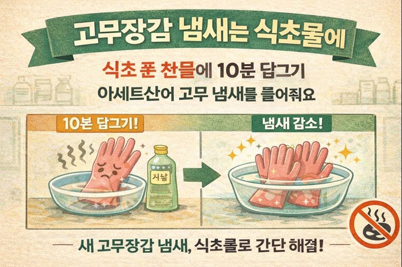 새 고무장갑 냄새 제거: 식초물에 10분 담갔다 헹구면 끝(아세트산 탈취)