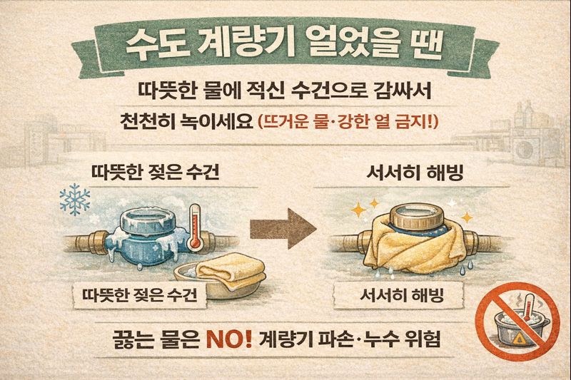 수도 계량기 얼었을 때 안전하게 녹이는 법 (뜨거운 물·강한 열 금지)