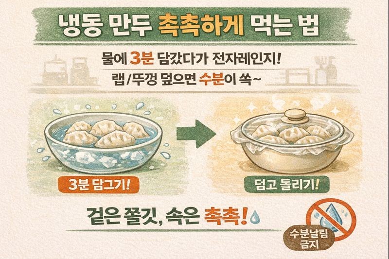냉동 만두 촉촉하게 데우는 꿀팁: 3분 물에 담갔다 전자레인지+랩 덮기