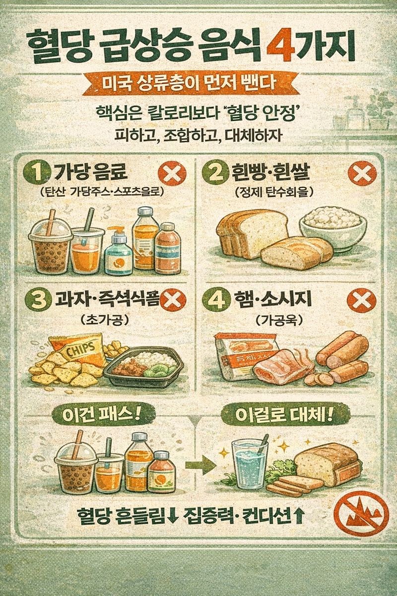 미국 부자들이 피하는 혈당 급상승 음식 3가지: 가당음료·흰빵(정제탄수)·초가공식품