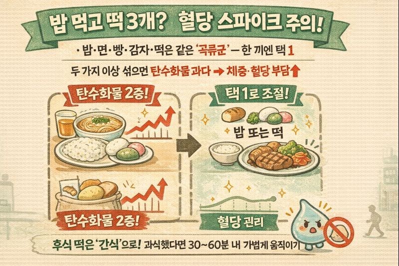 밥 먹고 떡 3개 후식하면 혈당 스파이크? 탄수화물 ‘택1’ 원칙(밥·면·빵·감자)으로 체중 관리하는 법