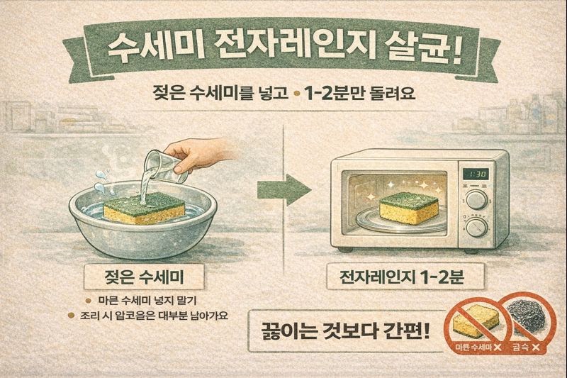 수세미 전자레인지 1~2분 살균법: 끓일 필요 없이 간편하게 세균 제거