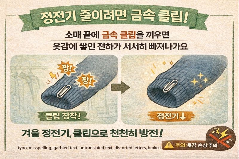 겨울 정전기 줄이는 꿀팁: 소매 끝에 금속 클립 끼우면 찌릿함 완화