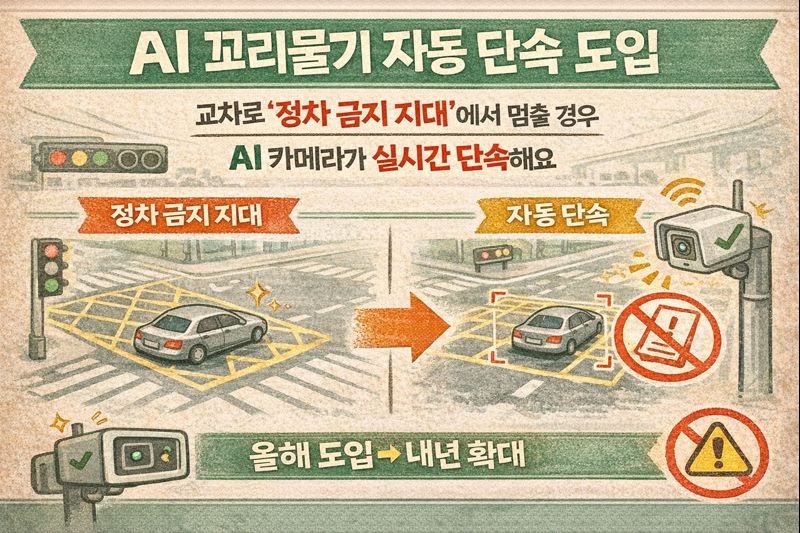 교차로 빗금 ‘정차 금지 지대’ 꼬리물기를 AI 카메라가 자동 단속합니다. 단속 기준(구역 내 정지)과 피하는 요령(진입 전 공간 확인) 핵심만 정리.