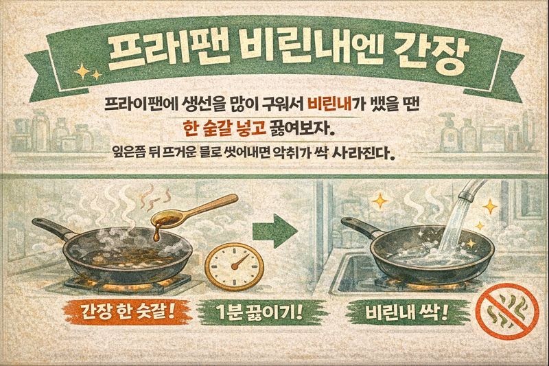 프라이팬 비린내 제거 꿀팁: 간장 한 숟갈 1분 끓이면 악취가 싹!