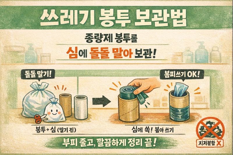 종량제 봉투 보관법: 휴지심에 돌돌 말아 부피 줄이고 한 장씩 쉽게 뽑아 쓰는 정리 꿀팁