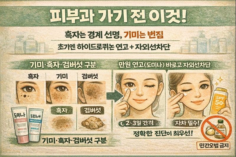 흑자·기미 집에서 없애는 법: 만원대 도미나/멜라노사 연고 사용법 + 기미·흑자·검버섯 구분부터 피코 레이저까지