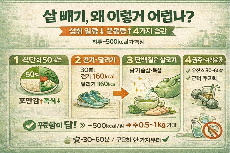 살 빼기 왜 어렵나? 섭취 열량 줄이고 운동량 늘리는 4가지(채소 50%·걷기/달리기·살코기·금주)