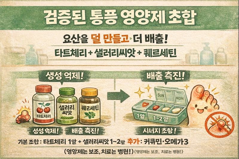 통풍 요산 관리 영양제 3가지 조합법: 타트체리·샐러리씨앗·퀘르세틴 시너지 (+비타민C·커큐민·오메가3 보조)