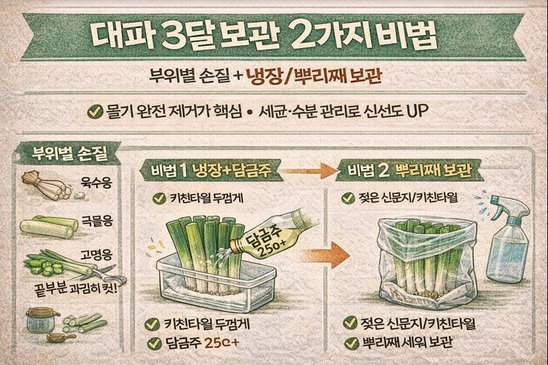 대파 3달 신선 보관법 2가지: 담금주(25도↑)로 냉장 살균 보관 + 뿌리째 ‘젖은 신문지’ 습도 유지 꿀팁