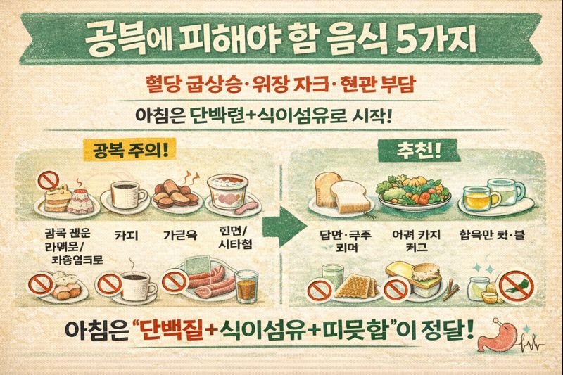 아침 공복에 피해야 할 음식 5가지: 단 음식·커피·가공육·흰빵(정제탄수)·차갑고 자극적인 음식