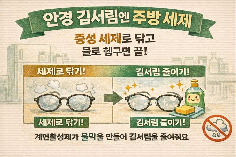 안경 김 서림 줄이는 법: 주방용 중성 세제로 씻고 헹구기(계면활성제 안티포그 효과)