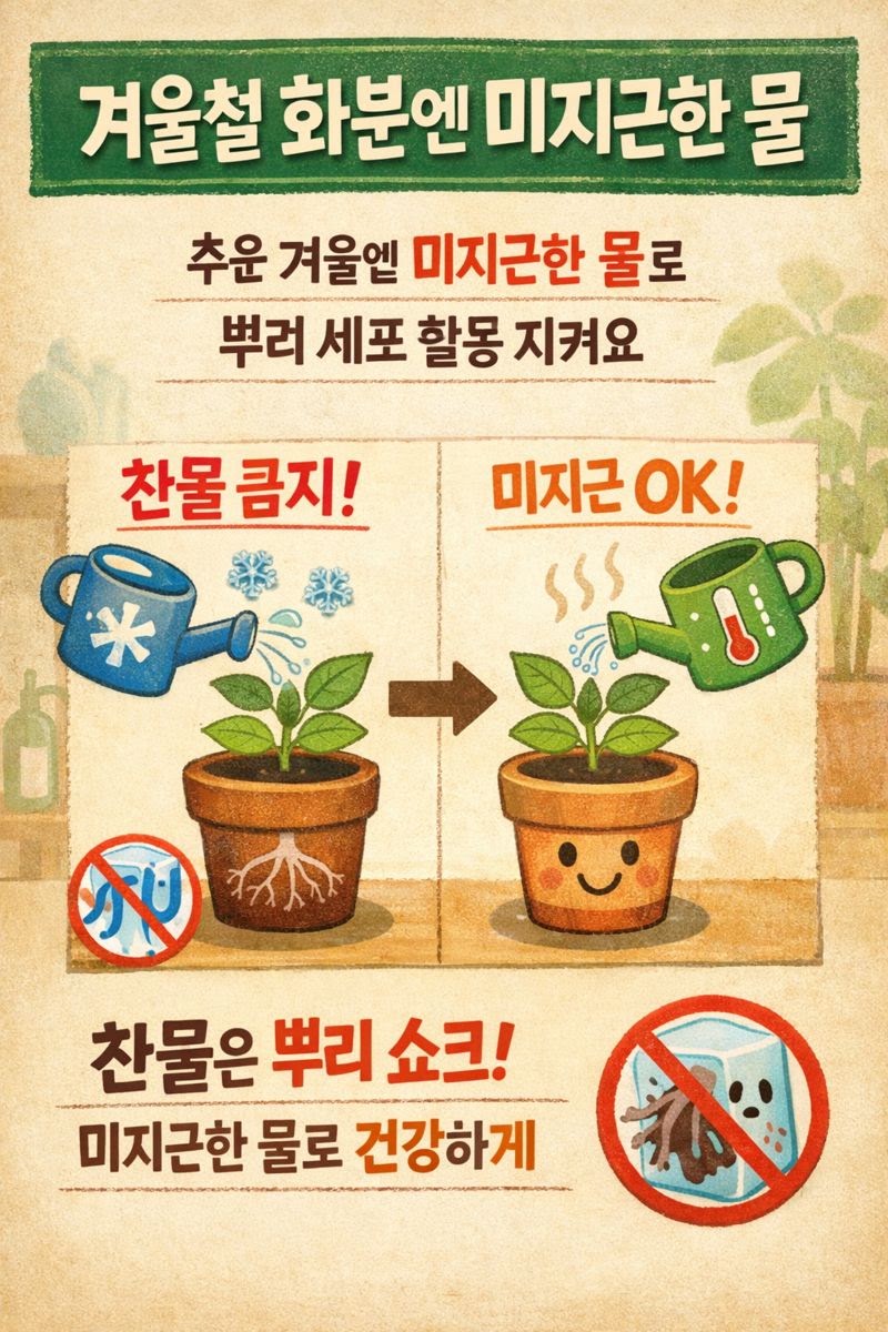 겨울철 화분 물주기｜미지근한 물로 뿌리 냉해 막는 방법