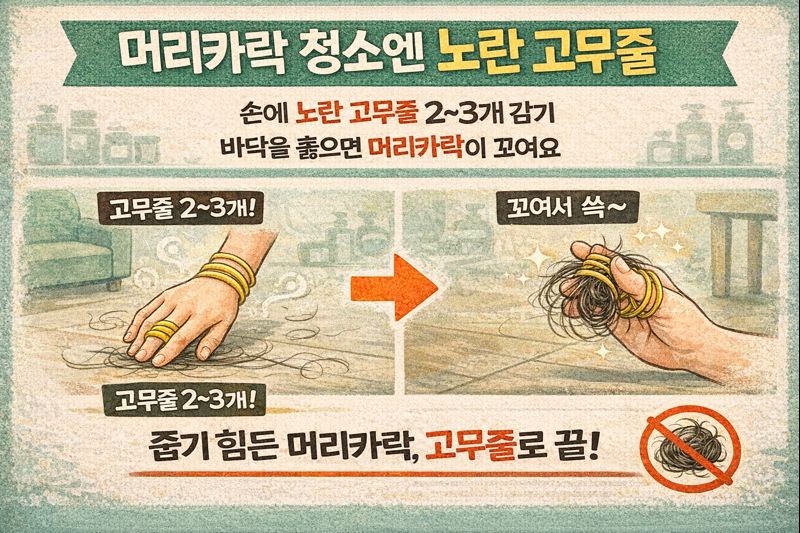 바닥 머리카락 청소 꿀팁: 노란 고무줄 3개로 한 번에 싹