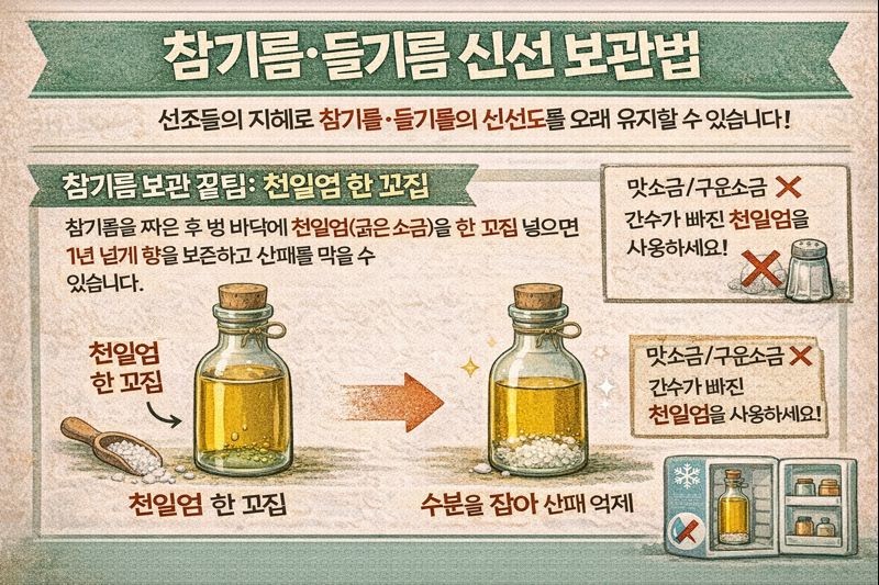 참기름 1년 향 지키는 ‘천일염 한 꼬집’ 보관법: 산패 주범 수분 잡는 원리 + 들기름은 냉장 필수