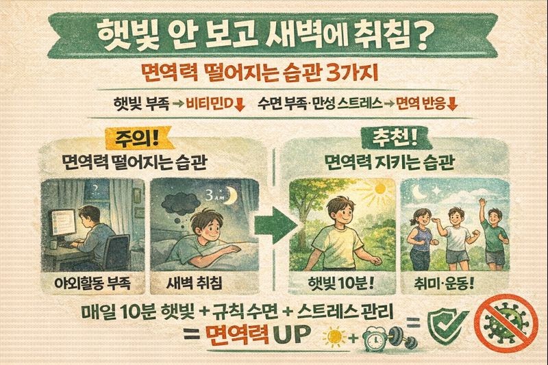 면역력 떨어뜨리는 생활 습관 3가지: 햇빛 부족·새벽 취침·스트레스 방치(비타민D·수면·T세포)