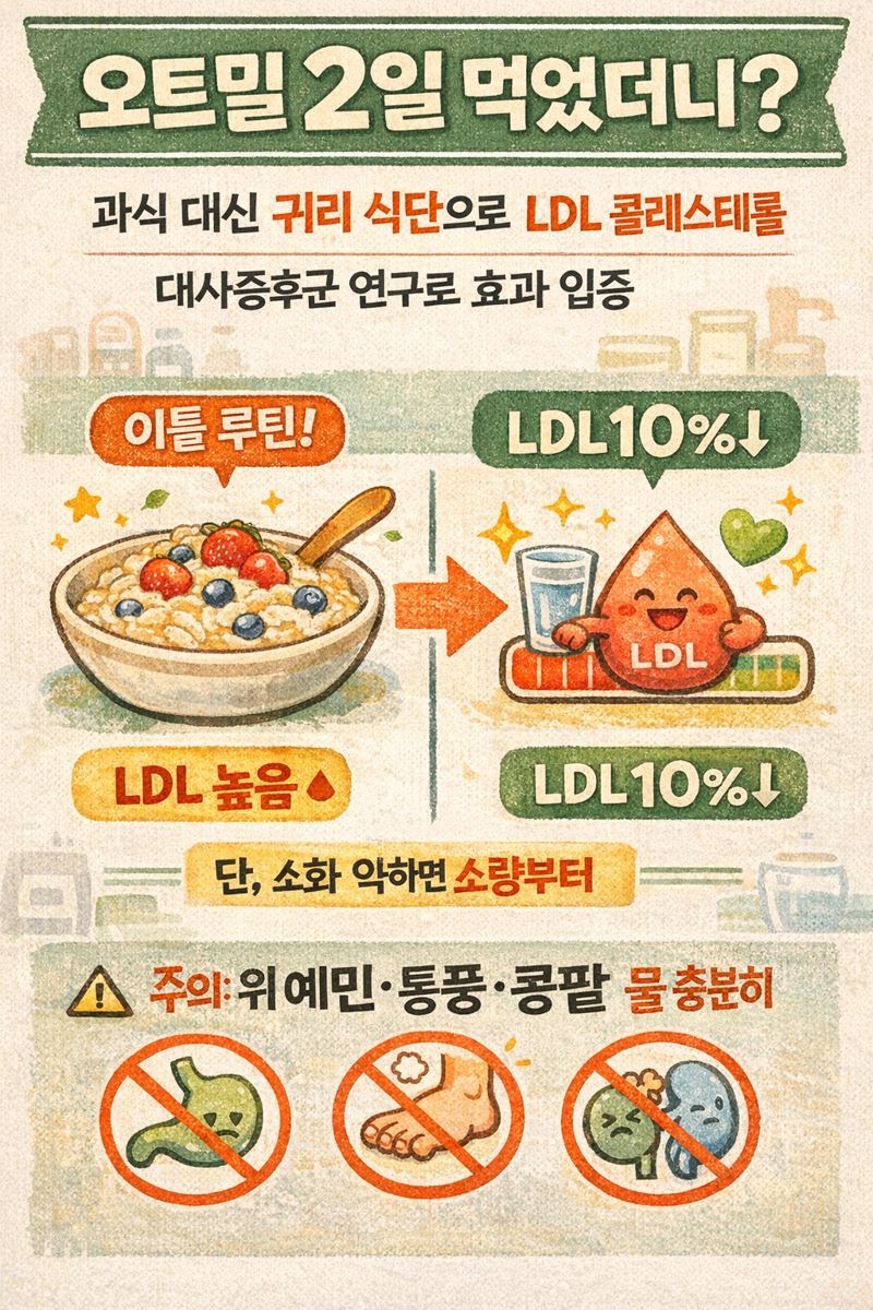 오트밀 이틀만 먹어도 LDL 10% 감소? 귀리의 콜레스테롤·혈압·체중 변화 효과와 안전하게 먹는 법(통풍·콩팥병 주의)
