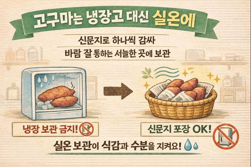 고구마는 냉장고 대신 실온 보관! 신문지로 하나씩 감싸 통풍·서늘한 곳에 두면 푸석함 예방