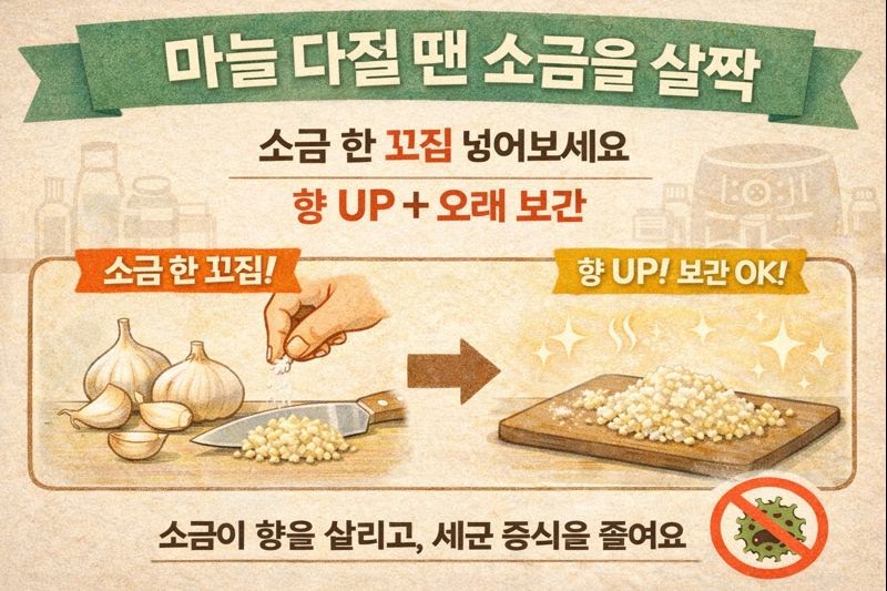 마늘 다질 때 소금 한 꼬집: 향은 더 진하게, 보관은 더 오래(다진 마늘 꿀팁)