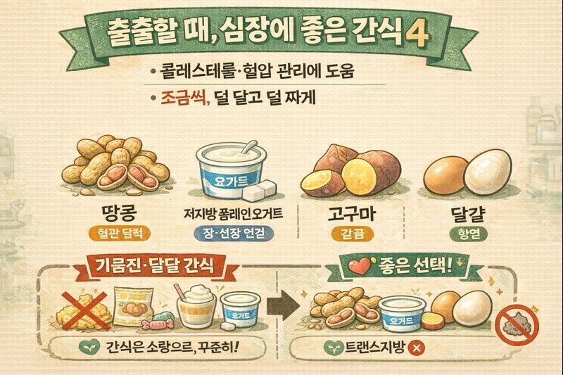 출출할 때 조금씩 먹기 좋은 심장 건강 간식 4가지: 땅콩·플레인 요거트·고구마·달걀(콜레스테롤·혈압 관리)