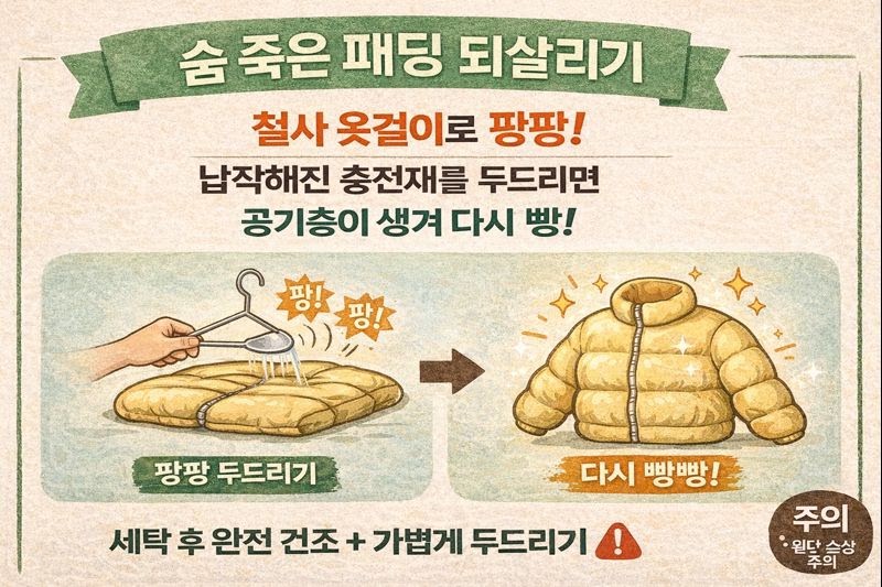 숨 죽은 패딩 되살리는 법: 철사 옷걸이로 두드리면 다시 빵빵해진다