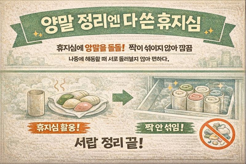 양말 정리 꿀팁: 다 쓴 휴지심에 말아 넣으면 짝 안 섞이고 서랍 깔끔!
