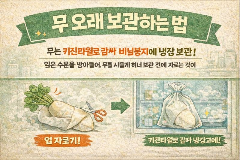 무 오래 보관하는 법: 잎 자르고 키친타월+비닐봉지로 냉장 신선도 유지