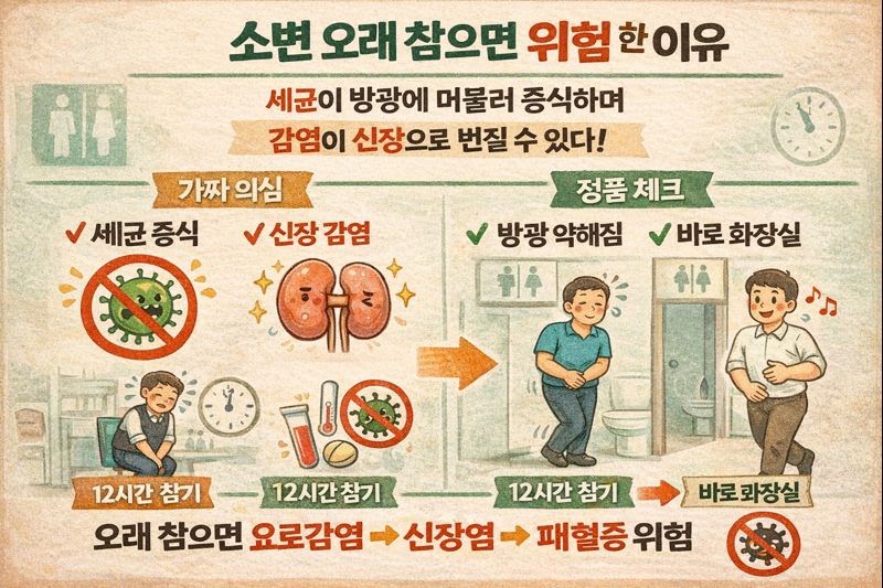 소변 오래 참으면 위험한 이유: 요로감염→신장감염→패혈증까지(12시간 근무 습관 경고)