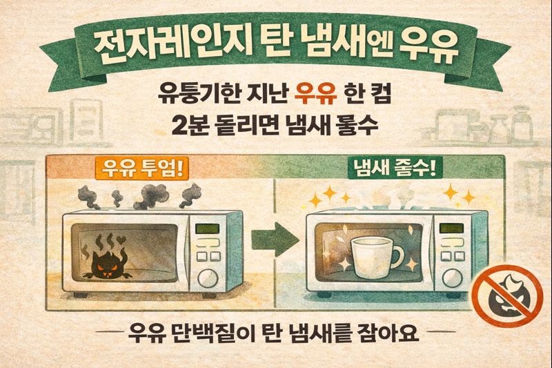 전자레인지 탄 냄새 제거법: 유통기한 지난 우유 한 컵 넣고 2분 돌리기(단백질 냄새 흡수)