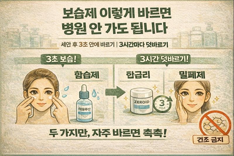 보습제 이렇게 바르면 피부과 덜 갑니다: 3초 보습 + 3시간마다 덧바르기 ‘히알루론산+크림’ 2단계 루틴