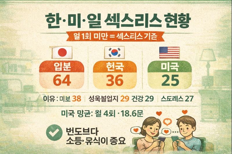 한·미·일 섹스리스 비율 비교: 일본 64%·한국 36%·미국 25% (원인·성생활 만족도)