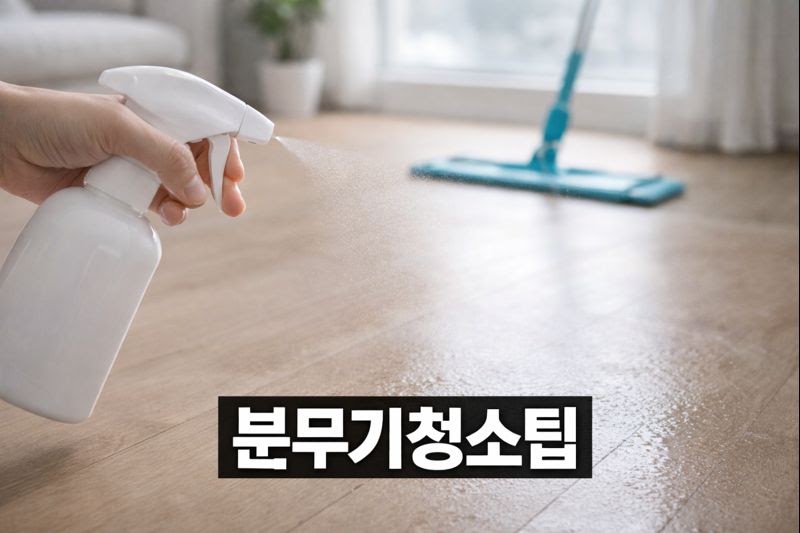 겨울 실내 청소 꿀팁: 분무기로 바닥 살짝 뿌리면 먼지 덜 날려요