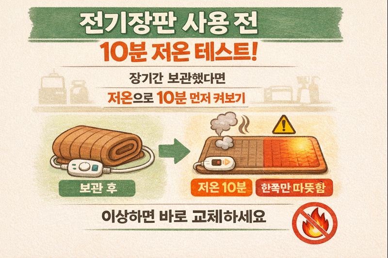 전기장판 화재 예방: 사용 전 10분 저온 테스트, 냄새·불균일 발열이면 교체