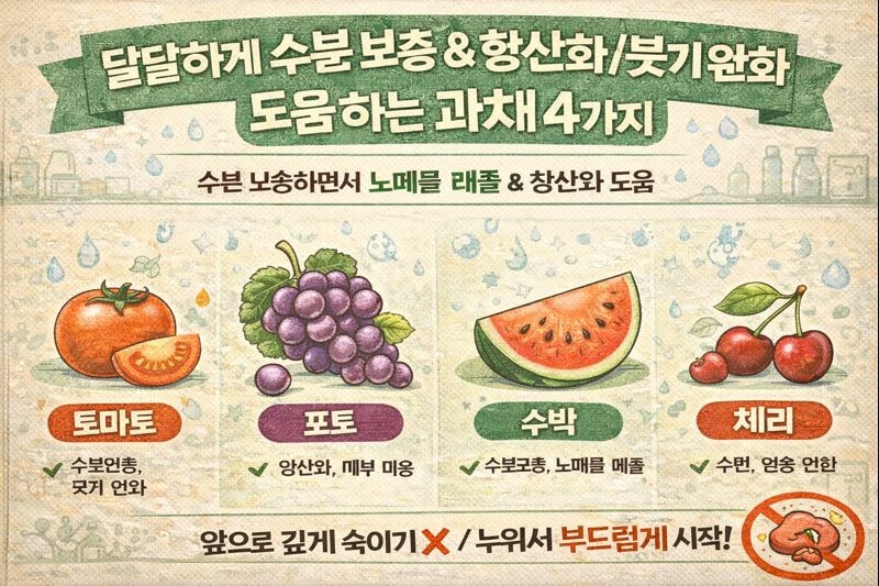 달달하게 수분 보충+노폐물 배출 돕는 과채 4가지: 토마토·포도·수박·체리 효능