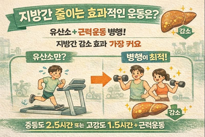 지방간 빼는 운동법 정답: 유산소+근력 병행, 주 2.5시간(중등도)·1.5시간(고강도) 최적량