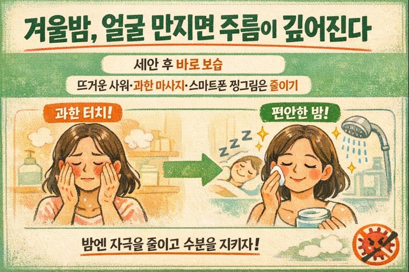 겨울밤 주름 깊어지는 습관 4가지: 세안 후 보습 골든타임·뜨거운 샤워·과한 각질/마사지·취침 전 스마트폰