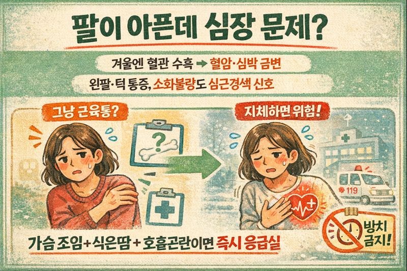 팔이 아픈데 심장 문제일까? 심근경색 전조증상 6가지(왼팔·턱 통증, 식은땀·호흡곤란) 놓치면 치명적