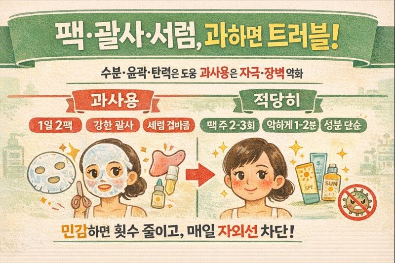 바다 동안 비결 1일 2팩·괄사·세럼, 트러블 막는 올바른 사용법(자외선 차단 필수)